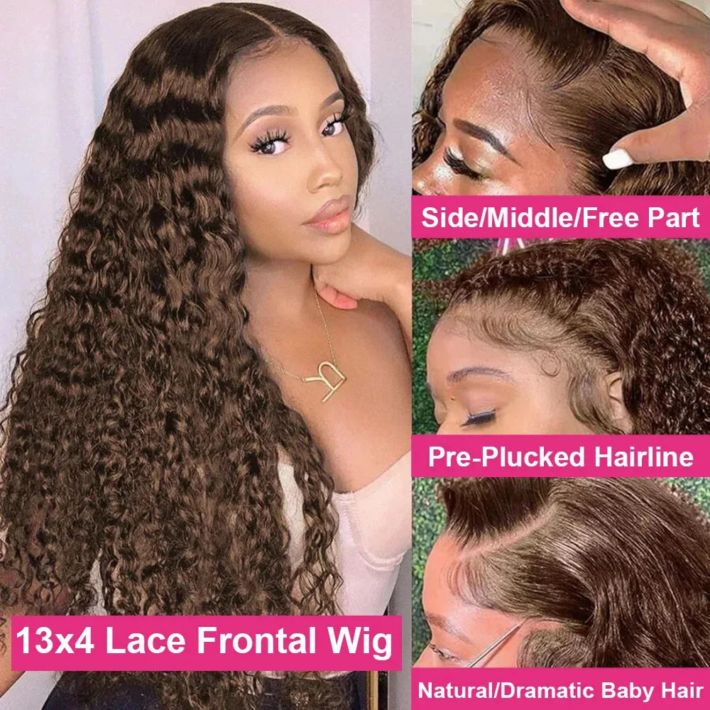 Chocolate Brown Human Hair Wigs Deep Wave 13X4 Hd Lace Frontal Wig Human Hair 250 Density Brazilian Hair For Women 34 Inch