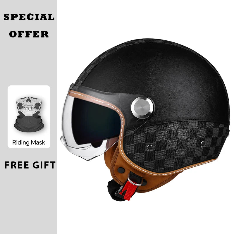 Black Leather Open Face Motorcycle Helmets Men Women Vintage Jet Moto Helmet DOT Retro 3/4 Half Helmet Pedal Personality Scooter