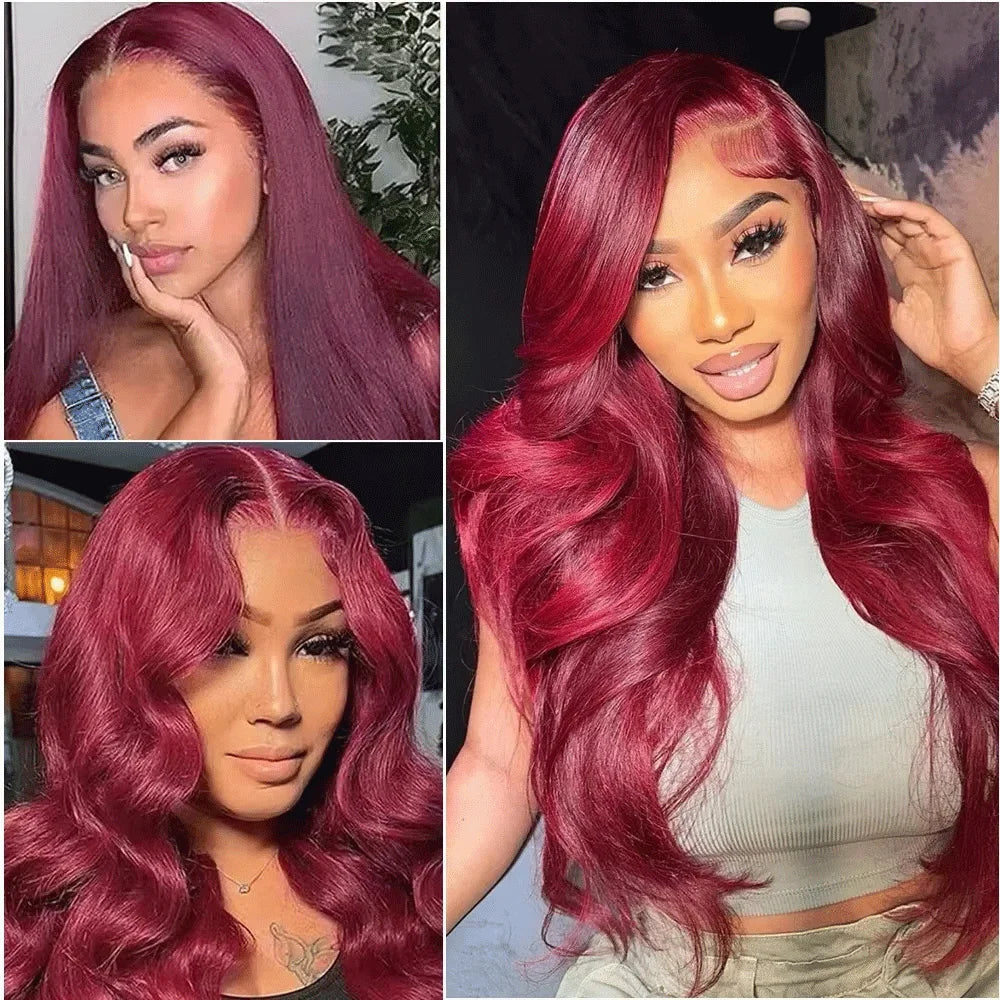 99J Body Wave 13x6 Lace Frontal Human Hair Wig 200 Density PrePlucked Red Burgundy Colored 13x4 Hd Lace Front Wigs for Women