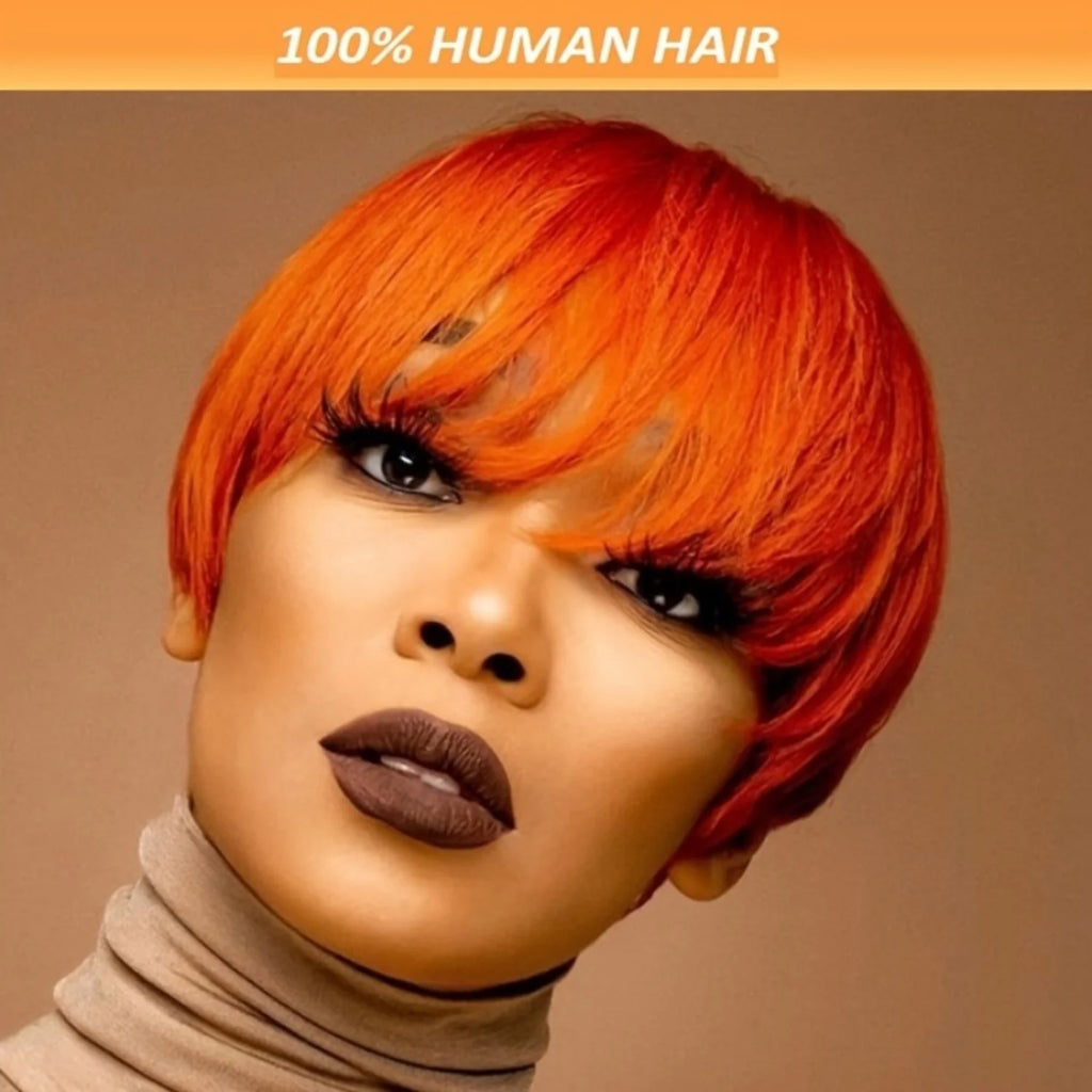 Pixie Cut Brazilian Straight Human Hair 150% Density 6inch Orange with Bangs - Full Machine Made Wig, Rose Net Cap