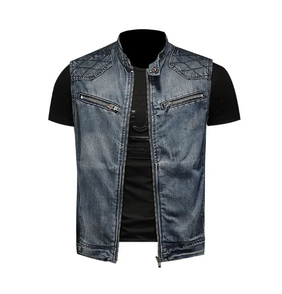 Mens Stand Collar Motorcycle Biker Denim Vest Vintage Zipper Cowboy Wasitcoat Men Casual Cotton Sleevless Jean Jacket Coat