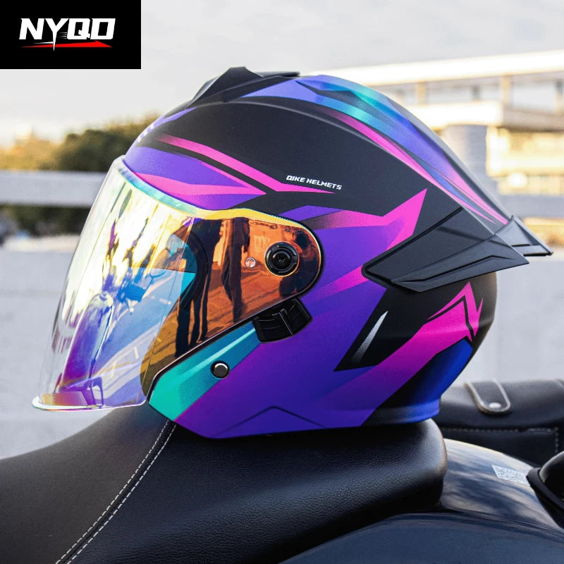 Qike Motorcycle Helmet Three-quarters Double Lens Helmets Motobike Half Helmet Four Seasons Men Women Cascos Moto