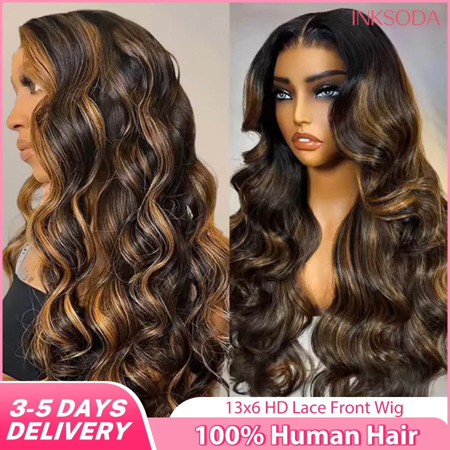 Brazilian P1B/30 Body Wave 220% Density 13x6 Transparent HD Lace Front Wigs Colored Highlight 100% Human Hair Wigs Pre Plucked