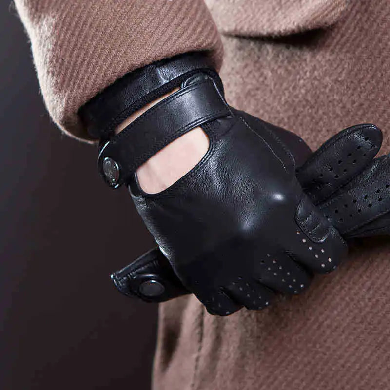 Men's Fashion Genuine Leather Breathable Hole Summer Sports Riding Moto Non-slip Gloves Sheepskin Touch Screen Driving Glove A63