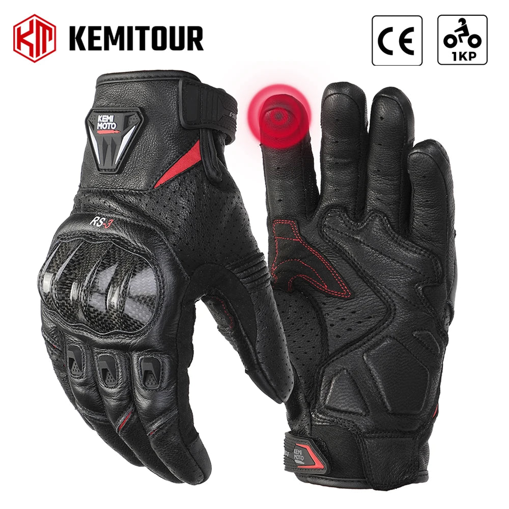 KEMITOUR Leather Motorcycle Gloves CE Men's Retro Moto Gloves Touch Screen Carbon Protective Motorbike Breathable For Summer
