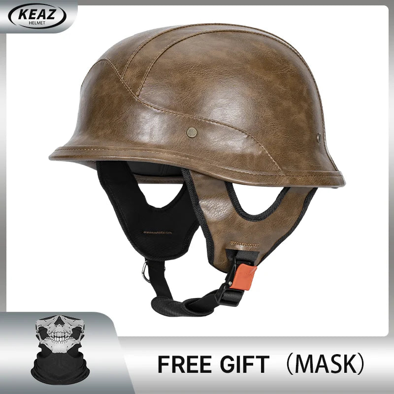 German Half Helmet Premium Vintage Open Face Motorcycle Helmet Genuine Cowhide Leather Cover DOT Certified Classic Retro Design