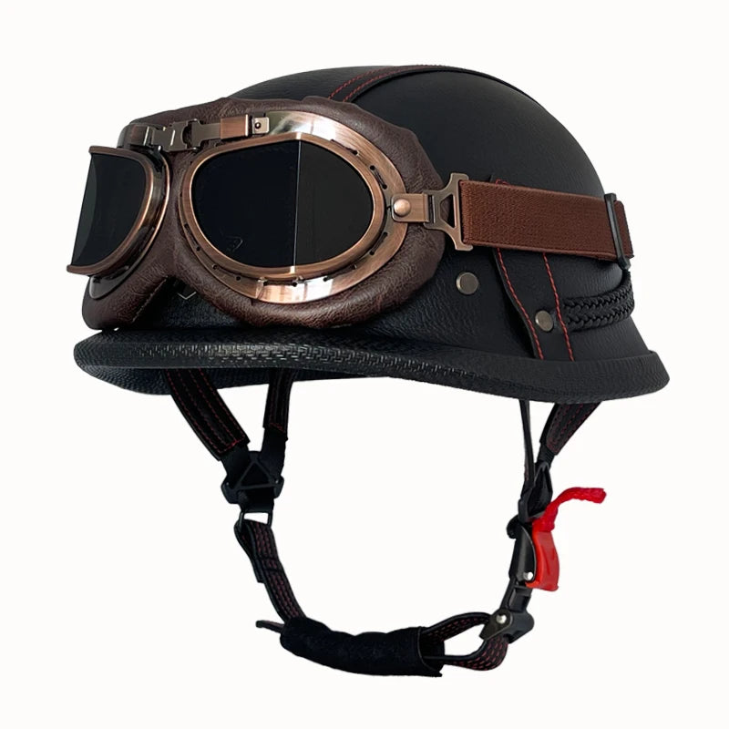 Vintage leather WWII-style black riding helmet, unisex open-face half helmet for German motorcycles, factory direct sales.