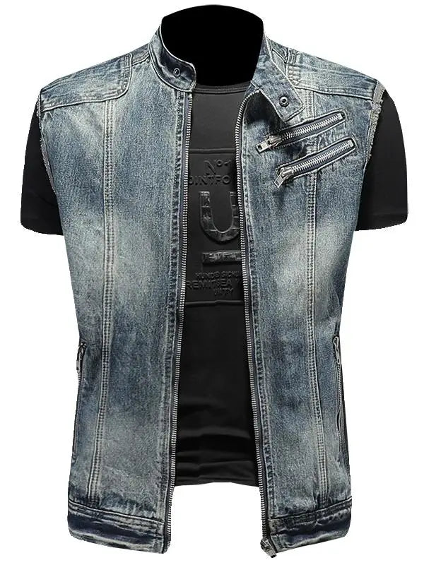 Retro Denim Motorcycle Riding Vest Men's Fashion Spring Autumn New Style Sleeveless Biker Vest Harley Riding Jacket