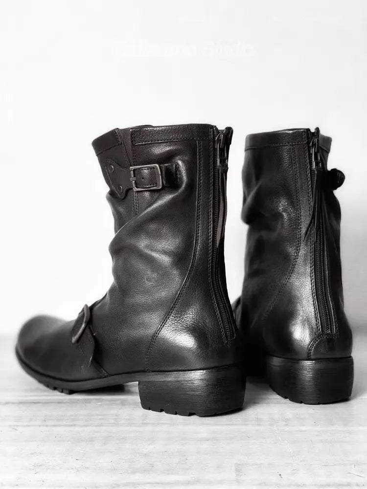 Motorcycle Riding Black Retro Boots for Men and Women, Thick Soled and Height Engineer Boots, Midsole Motobike Chelsea Shoese