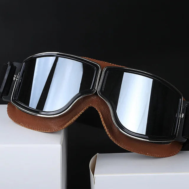 Motorcycle Helmet Glasses–Retro Windproof Sunglasses with Leather Frame–Lightweight Foldable&Universal Fit–Perfect for riding