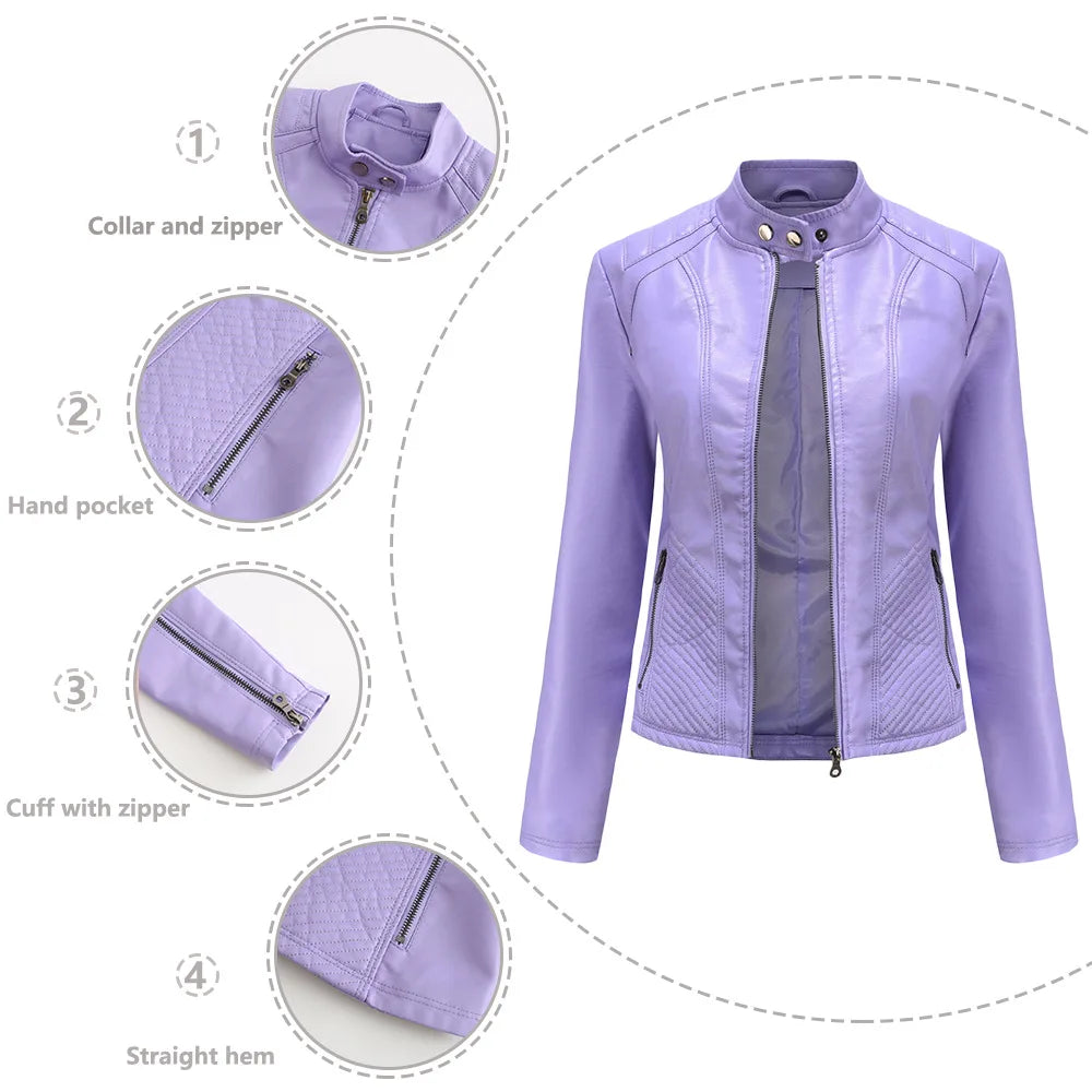 Women's Long Sleeved Zipper Motorcycle Jacket, Casual Leather Jacket, Simple and Trendy Clothing, Autumn and Winter popular