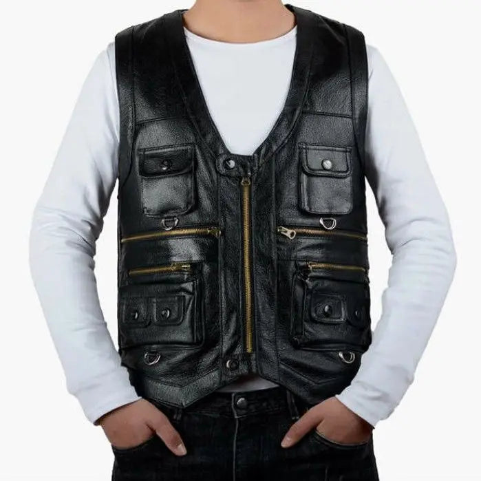 Cowhide Genuine Leather Vest Waistcoat Male clothing Jacket Thick Motorcycle Multi Pocket leather biker Men safety vest JJ134