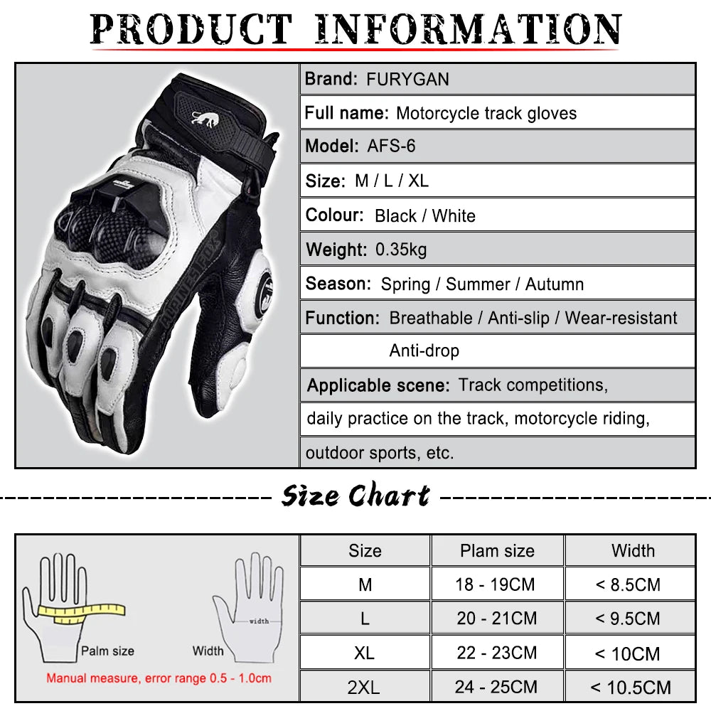 AFS 6 Motorcycle Leather Gloves Carbon Fiber Protective Gloves Men Black Motocross Motorbike Glove Racing Riding Gloves M-XXL