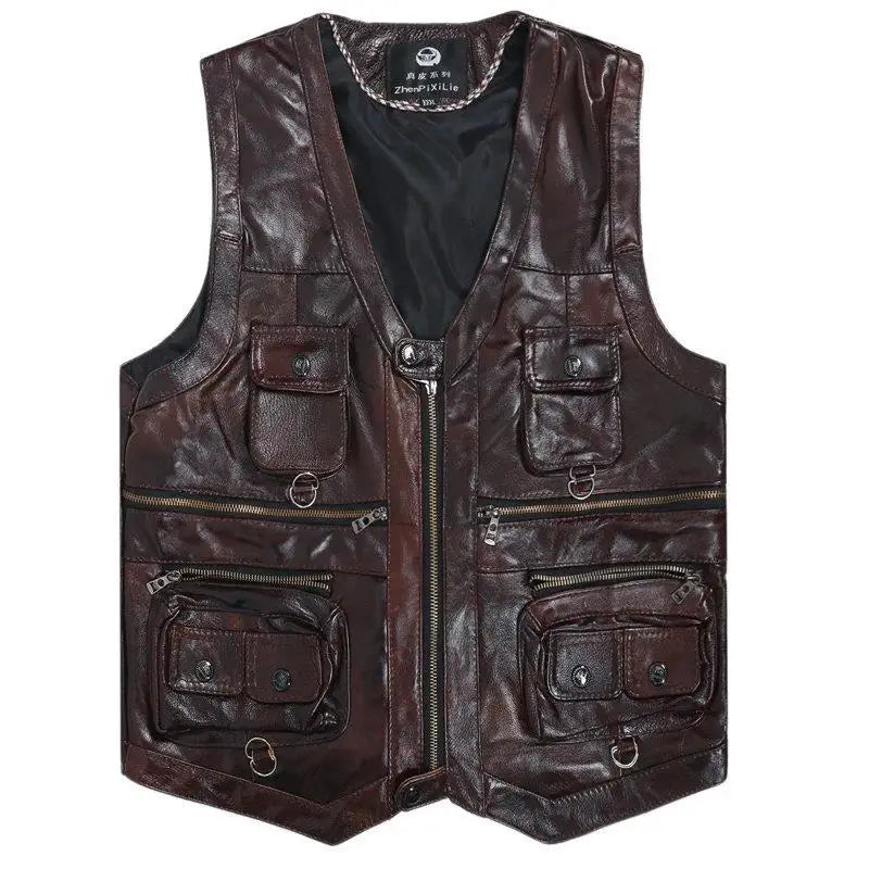 2025 Cowhide Genuine Leather Vest Men Waistcoat Male Sleeveless Jacket Thick Motorcycle Vest Multi Pocket leather biker vest