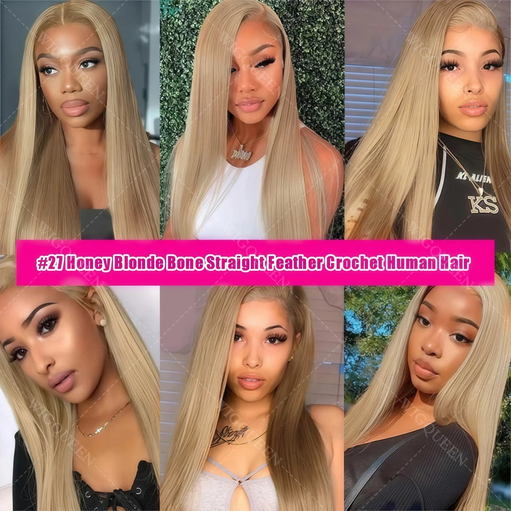 Highlight #27 Bone Straight Crochet Human Hair For Bohemian Braid Honey Blonde Miracle Knots Brazilia Feather Crochet Human Hair