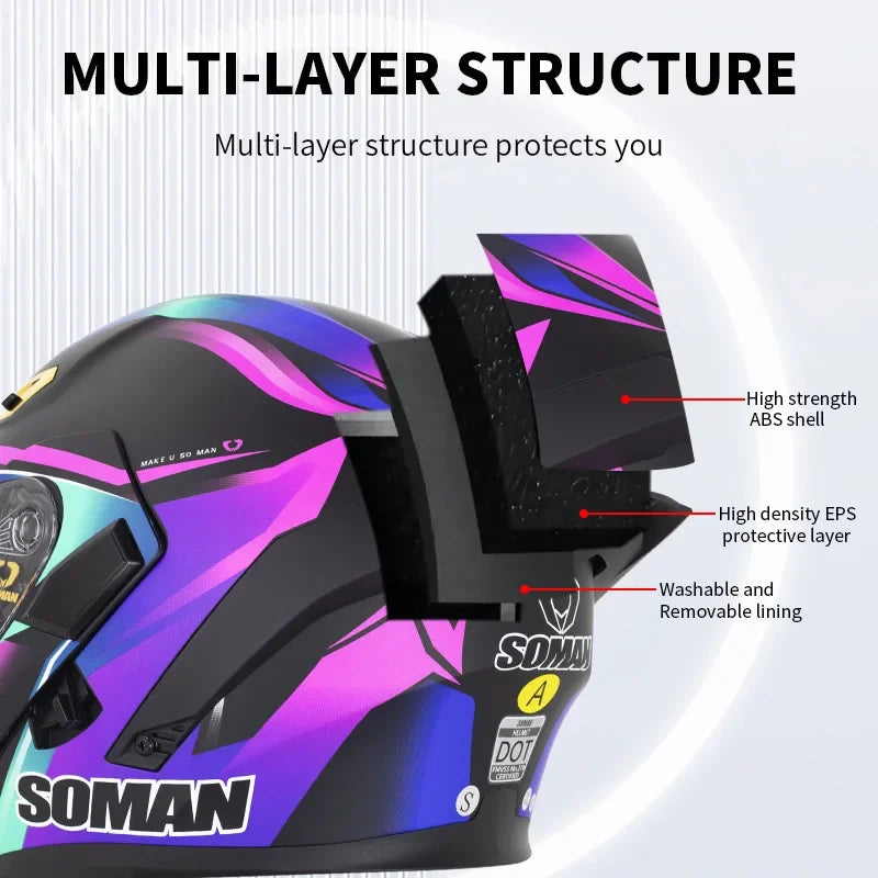 SOMAN Full Face Helmet Dual Lens Flip Up Motorcycle Helmets Casco Accessories Men Women Casque Moto Racing DOT Approved Visor