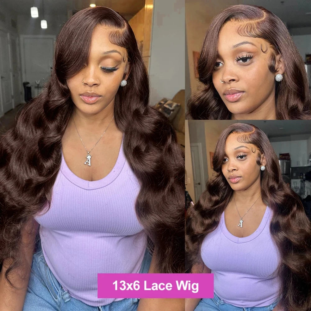 #4 Chocolate Body Wave Wig Remy Hair 13x6 HD Transparent Lace Frontal Wig 200% Density Brazilian PrePlucked Human Hair For Women