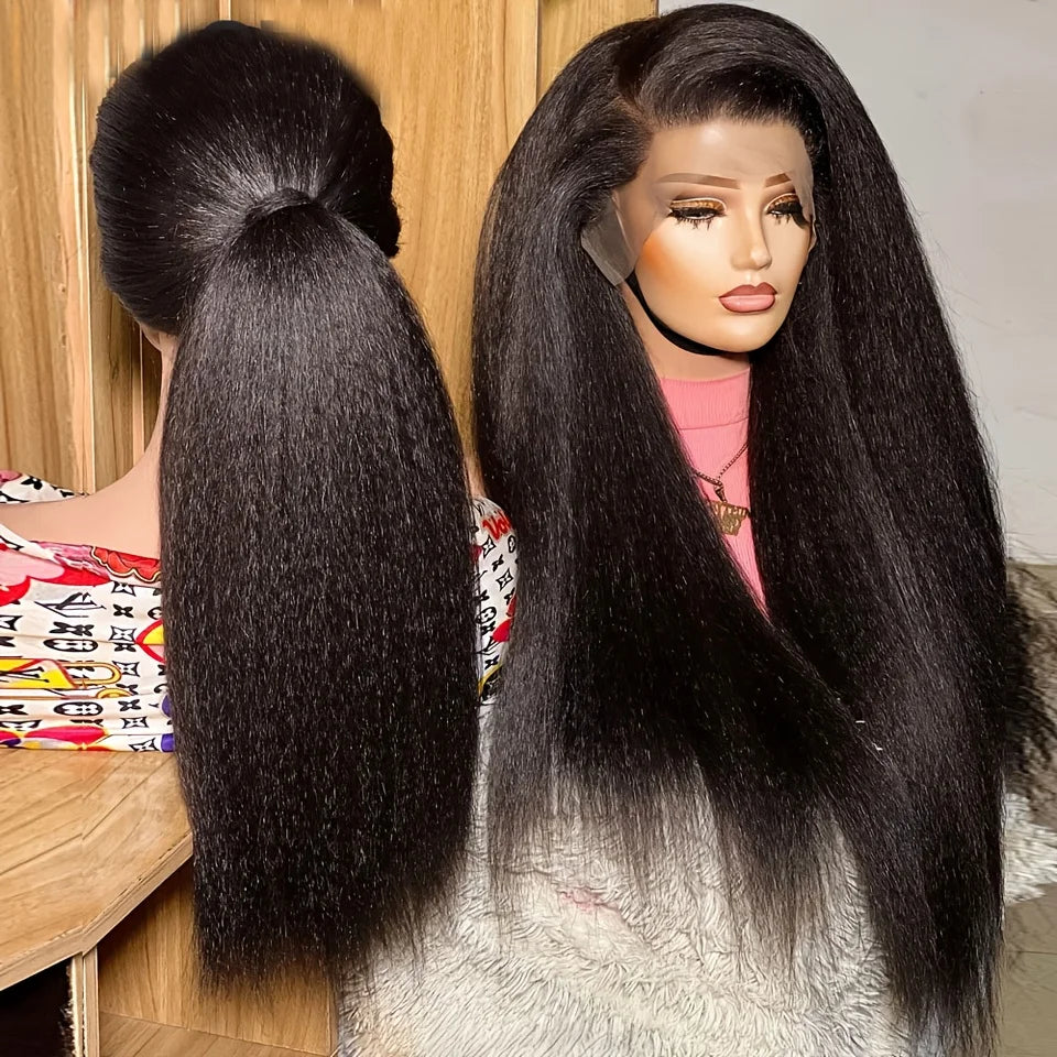 Afro Kinky Straight Lace Front Wigs Soft As Human Hair Pre Plucked With Baby Hair 210% Density Yaki Straight Transparent HD Lace