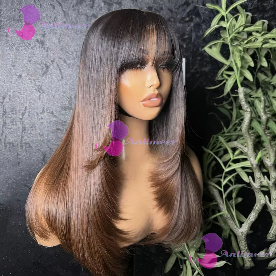 Silky Straight Human Hair With Bangs Ombre Dark Brown Brazilian Pre Plucked Finger 5x5 Silk Top Closure Wigs 13x6/360 Lace Wigs