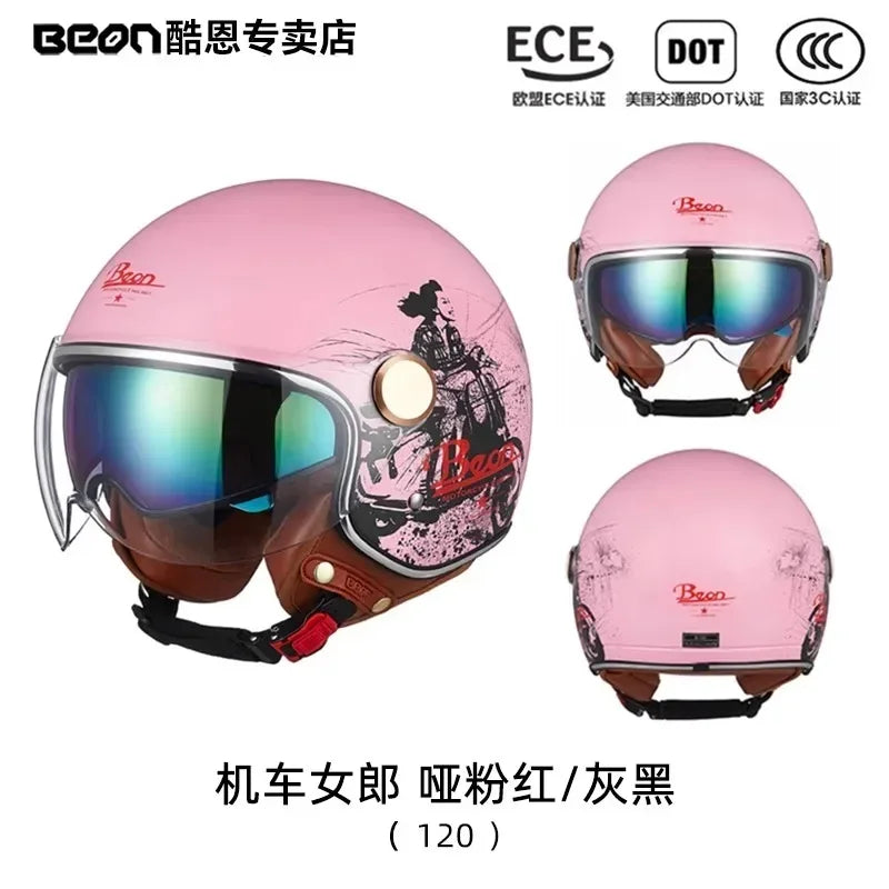 BEON Motorcycle Retro Style Helmet Electric Bike Riding Three-quarters Half Helmet Lightweight Dual Lens Safety Helmet