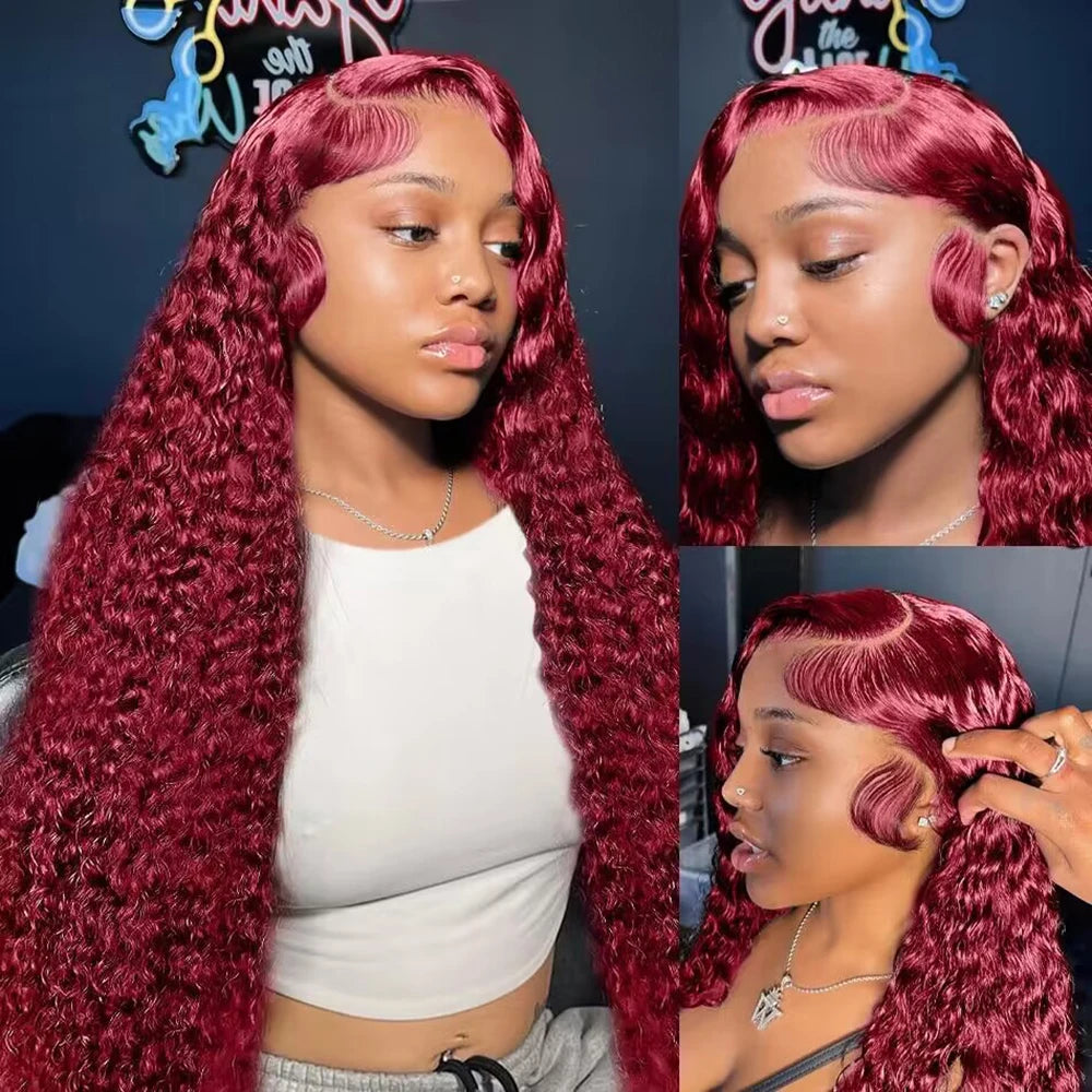 99J Burgundy Deep Wave 200 Density 13x4 HD Lace Front Wig Red Colored Curly Wave 13x6 Lace Frontal Human Hair Wigs For Woman