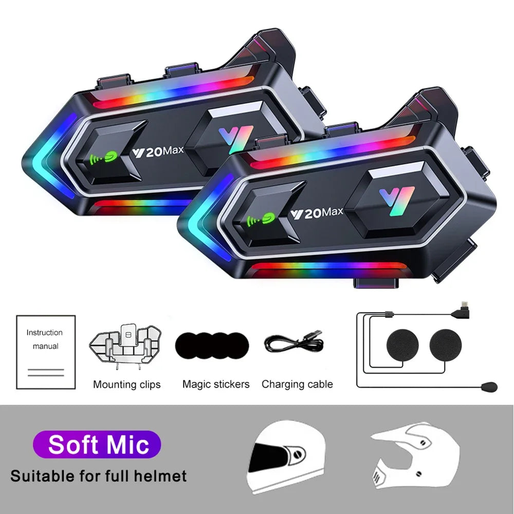 Y20 MAX Motorcycle Helmet Intercom V5.3 Hands Free Call Kit 1000mAh For 2 Rider Intercomunicador Moto Interphone Music Player