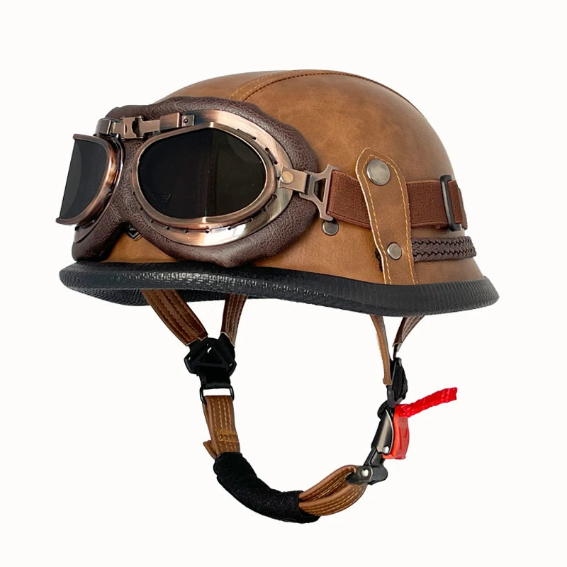 Vintage leather WWII-style black riding helmet, unisex open-face half helmet for German motorcycles, factory direct sales.