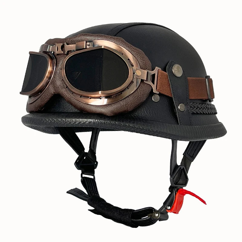Vintage leather WWII-style black riding helmet, unisex open-face half helmet for German motorcycles, factory direct sales.