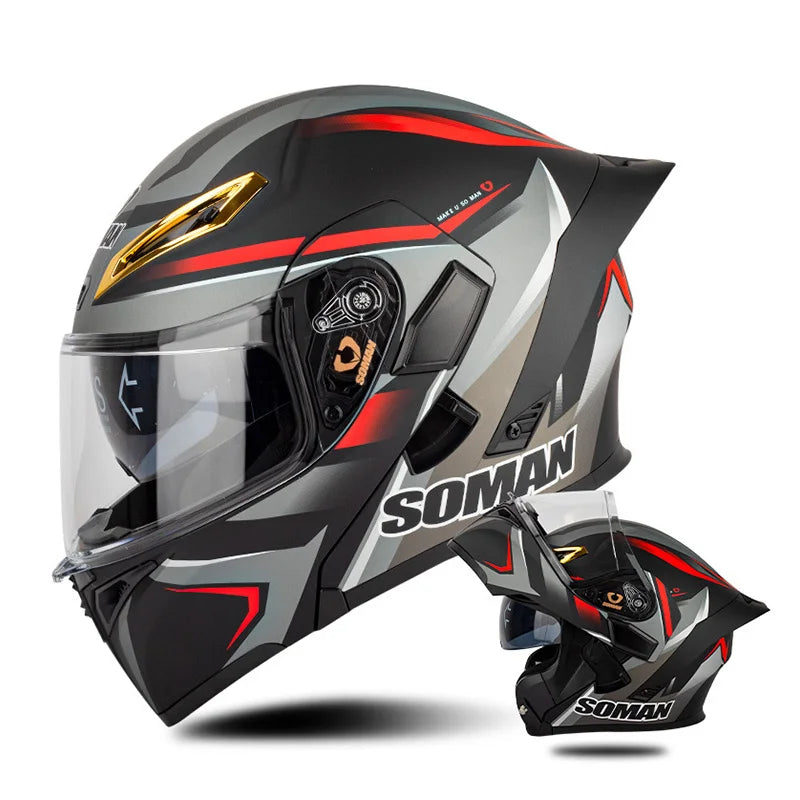 DOT Approved Men Motorcycle Helmet Dual Lens Flip Up Helmets Vintage Retro Full Face Moto Helmet Double Lens Modular Helm