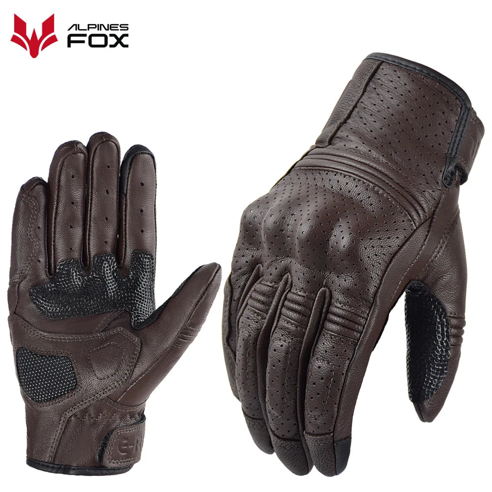 Retro Motorcycle Leather Gloves Perforated Summer Breathable Touch Screen Motobike Cycling Accessories Full Finger Protective