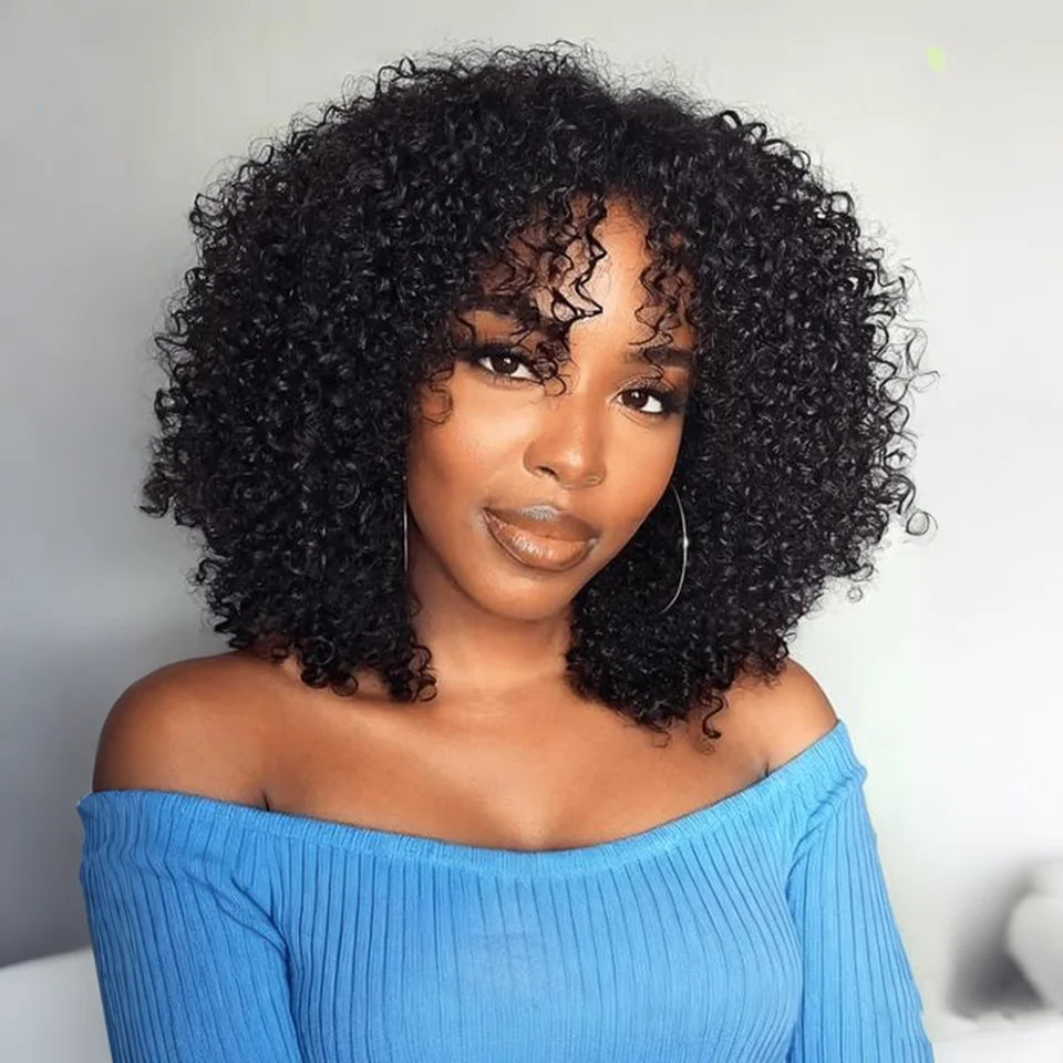 Brown Curly Bob Wigs Human Hair Wigs Afro Curly Wigs With Bangs Glueless Wear Go Jerry Curly Bob Wigs Brazilian Human Hair Wigs