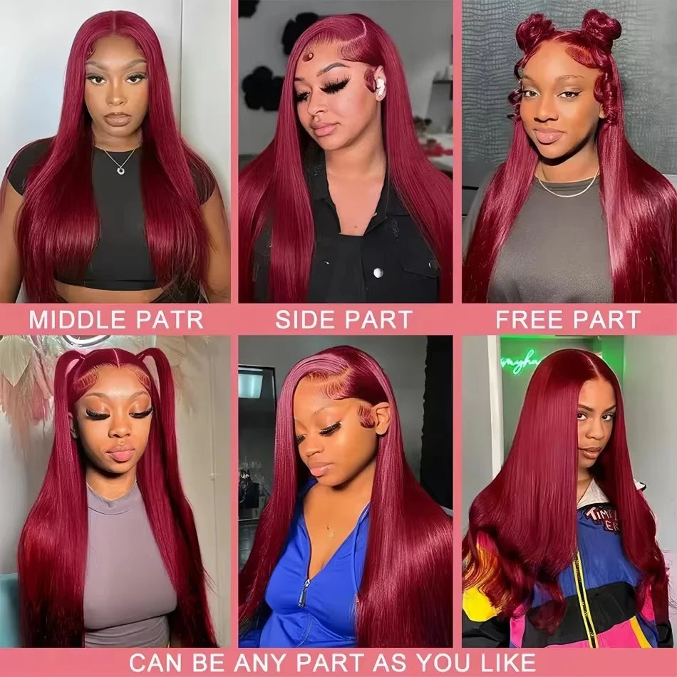 99J Red Burgundy Colored Lace Frontal Human Hair Wigs 13X6 HD Straight Lace Front Wig 200 Density Pre Plucked Human Hair Wig