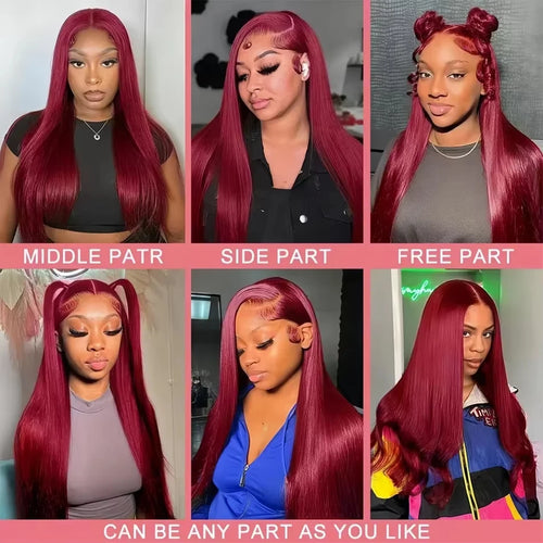 99J Red Burgundy Colored Lace Frontal Human Hair Wigs 13X6 HD Straight Lace Front Wig 200 Density Pre Plucked Human Hair Wig