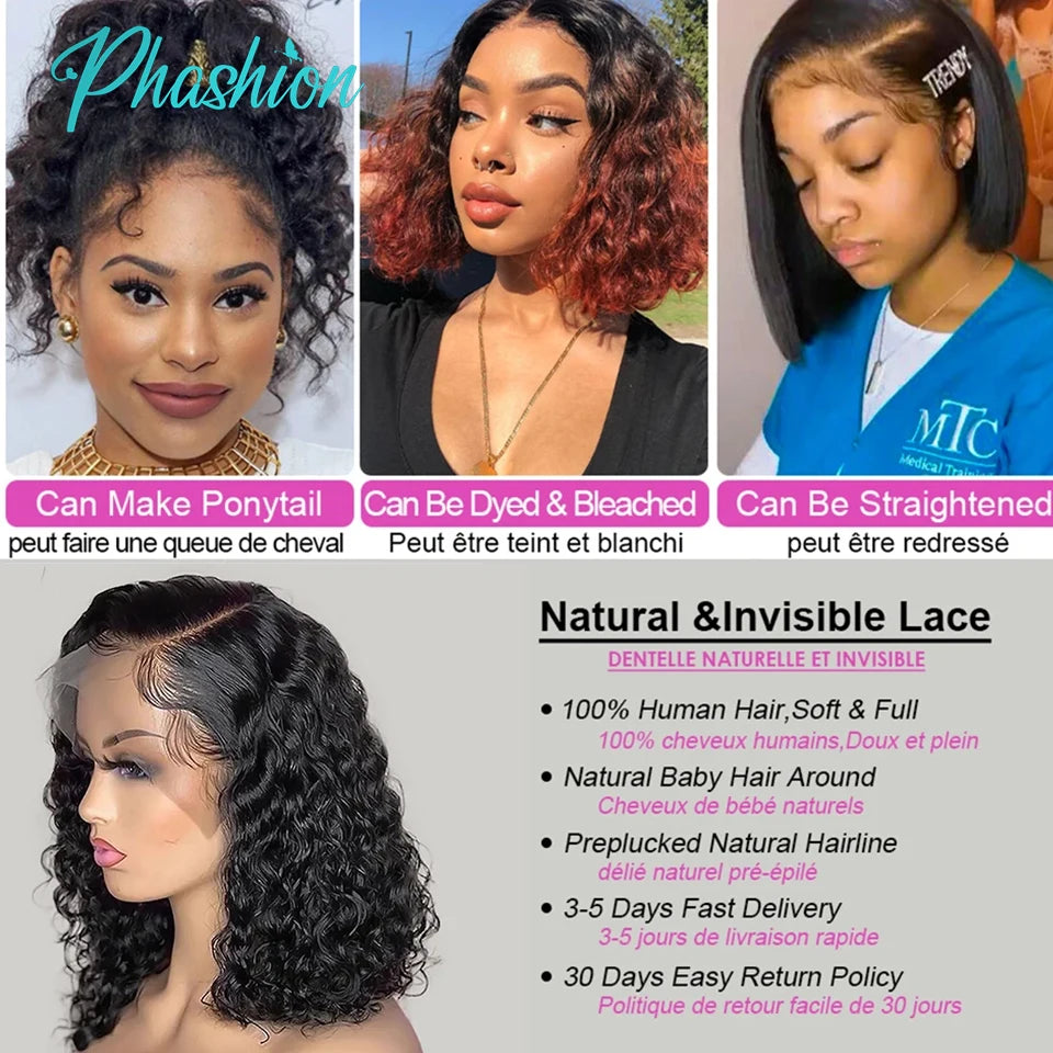 Phashion 13x4 Deep Curly Short Bob Wig Full Density Lace Frontal Human Hair Wigs For Black Women Transparent Swiss Ready To Wear
