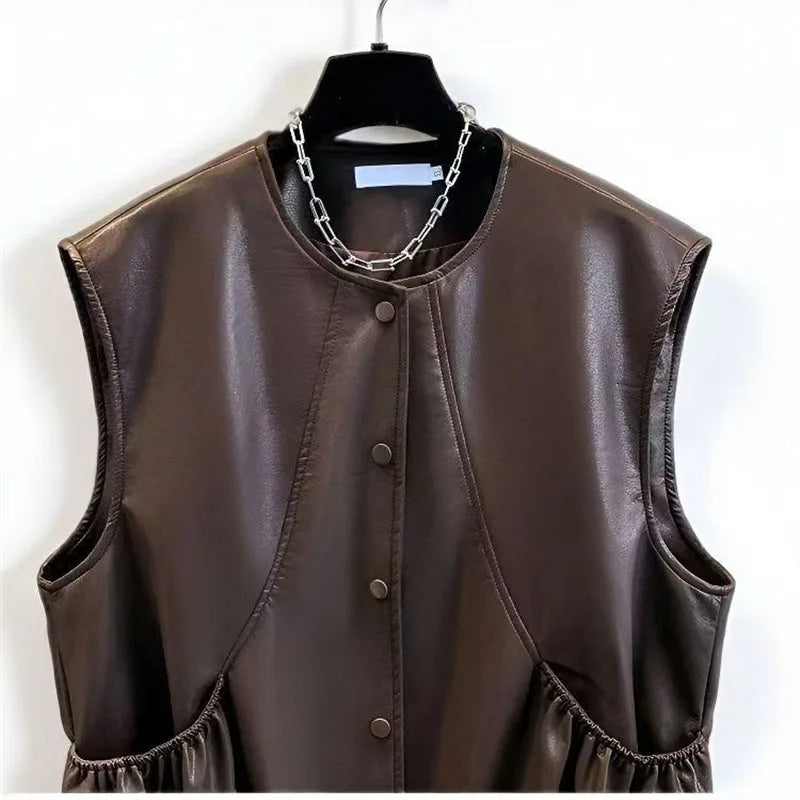 Fashion Black Brown Pu Leather Vest Coat Women's Clothing Spring Autumn Premium Motorcycle Short Sleeveless Leather Jacket top