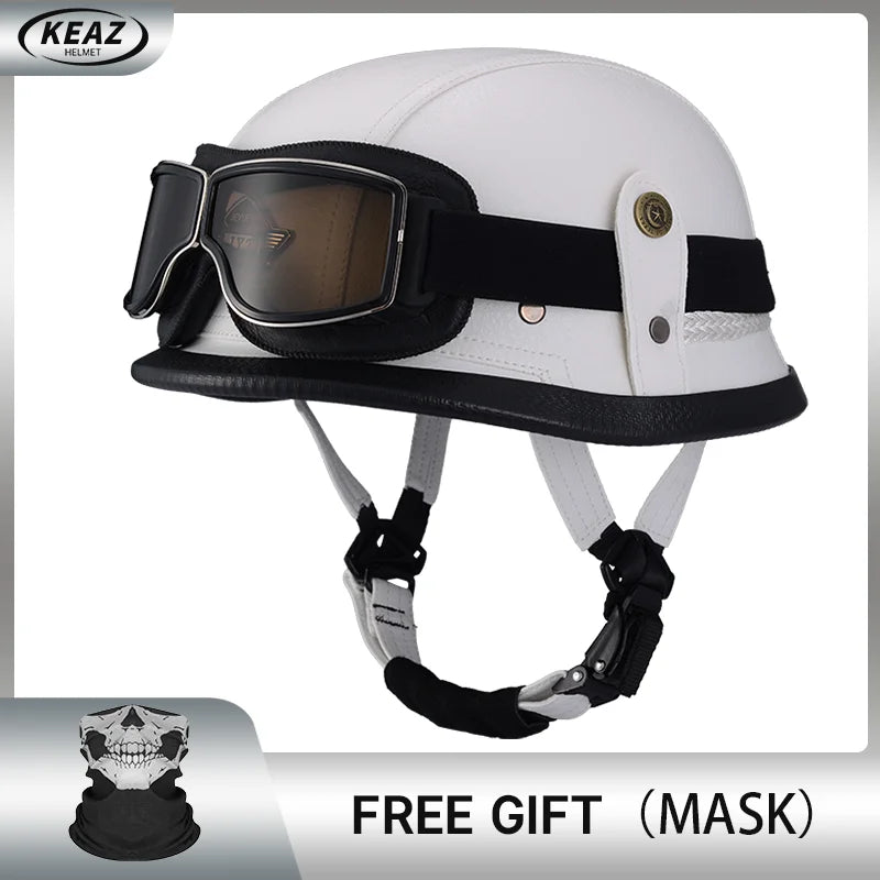 Classical German Style Leather Women and Men Half Face Motorcycle Helmets With Copper Googles Capacete De Moto Masculino DOT