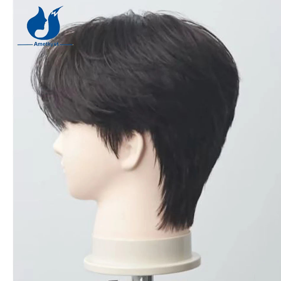 Amethyst Black Straight Short Pixie Cut Wig for Men Human Hair with Bangs Pre Plucked Full Lace Wig with Sideburns Pre Styled
