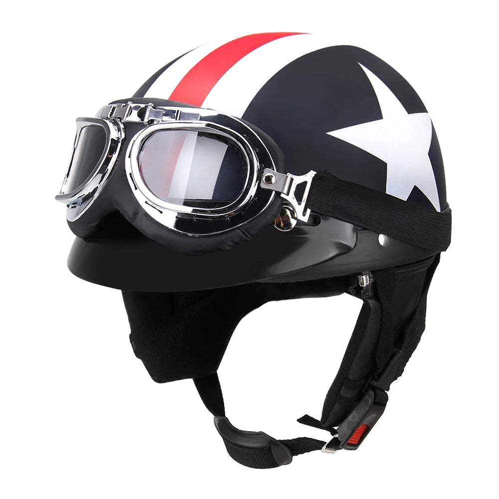 Half Open Face Motorcycle Helmet with Goggles Visor Scarf Biker Scooter Touring Helmet