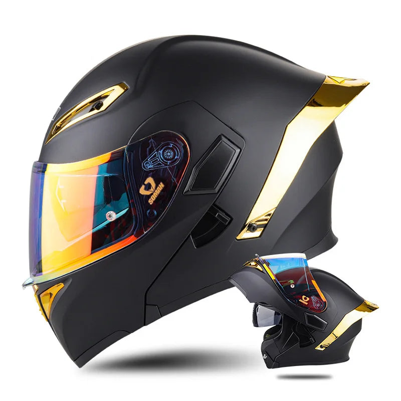 DOT Approved Men Motorcycle Helmet Dual Lens Flip Up Helmets Vintage Retro Full Face Moto Helmet Double Lens Modular Helm