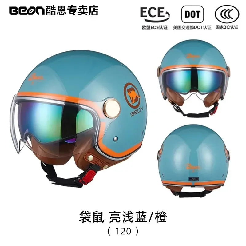 BEON Motorcycle Retro Style Helmet Electric Bike Riding Three-quarters Half Helmet Lightweight Dual Lens Safety Helmet