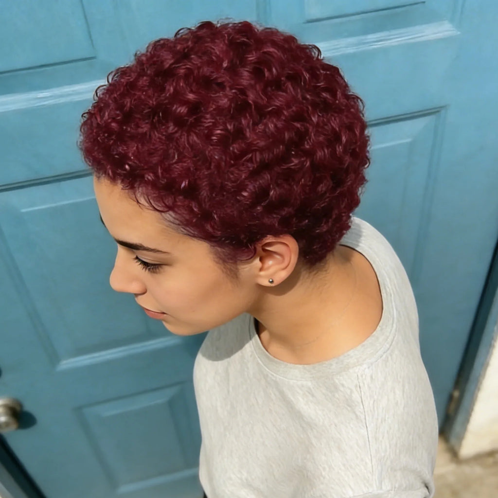Short Curly Pixie Cut Wigs for Women Human Hair Full Machine Made 99j Color Pixie Cut Wig Easy to Style Celebrity Inspired