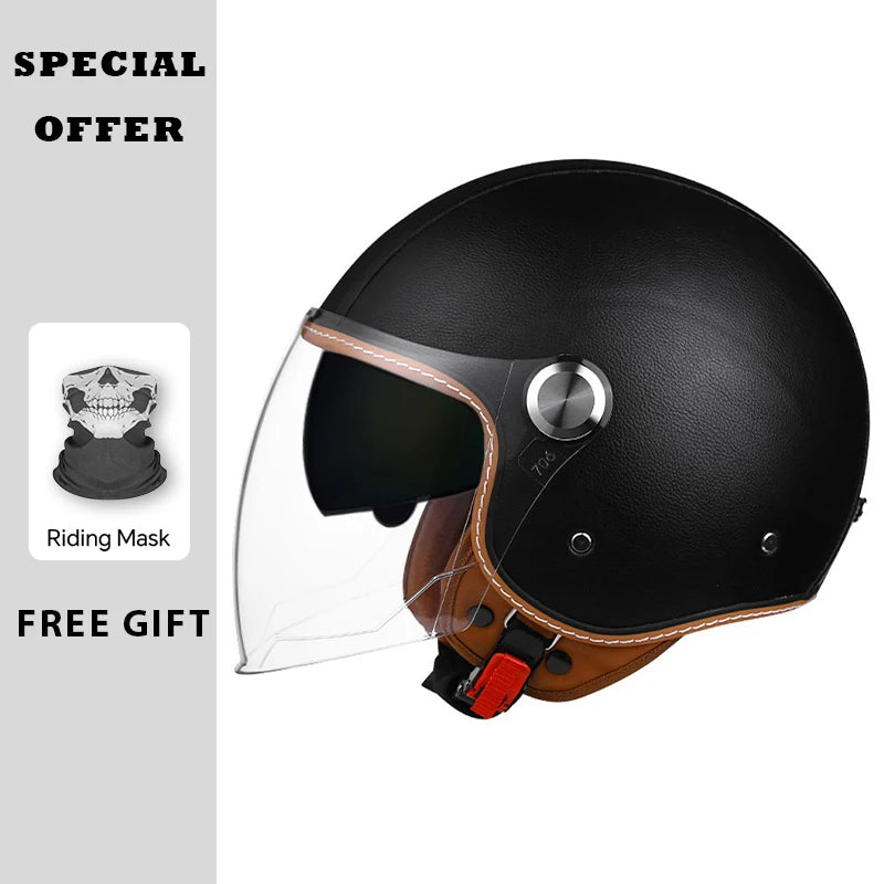 Black Leather Open Face Motorcycle Helmets Men Women Vintage Jet Moto Helmet DOT Retro 3/4 Half Helmet Pedal Personality Scooter