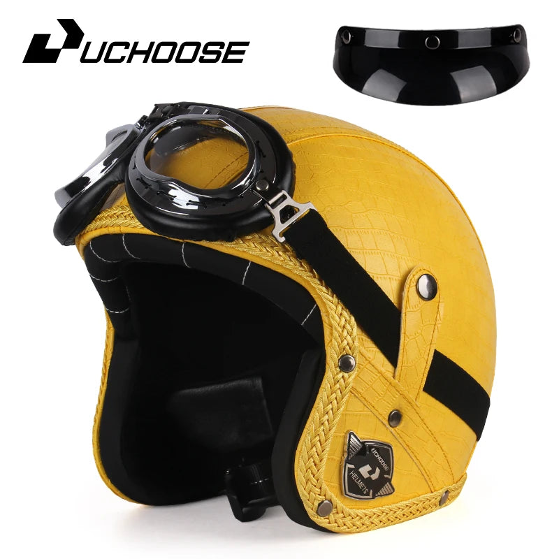 UCHOOSE Retro Motorcycle Helmet PU Leather Open Face 3/4 Chopper Bicycle Helmets Classic Casco Moto Vintage