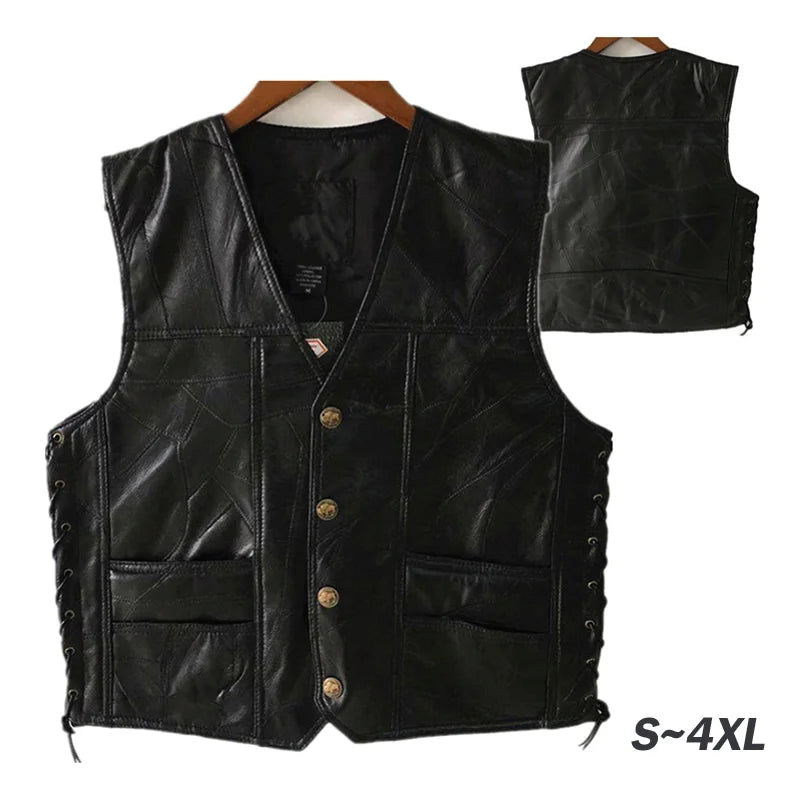 Motorcycle Vest Men's Stitching Sheepskin Leather Waistcoat V-Neck Street Style Cool Motorcycle Jacket Motocross Equipment