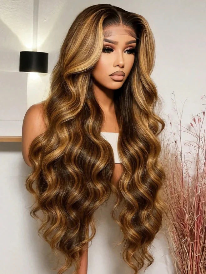 34 Inch13x4 Honey Blonde Ombre Lace Front Wigs Human Hair Pre Plucked 200 Density 4/27 Highlight Colored Body Wave Frontal Wigs