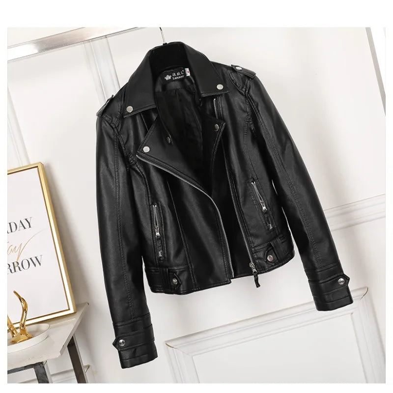 New Pink/beige/black Women's Clothing Short Motorcycle PU Leather Jacket Autumn JAdd Cotton Coats Lapels Zip Short Women Jackets