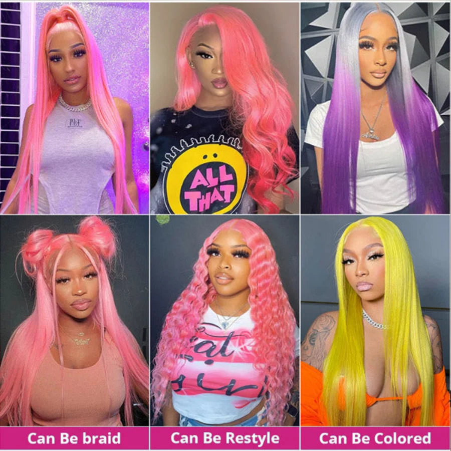13x6 Pink Wig Lace Frontal Human Hair Wig Brazilian 13x4 HD Lace Front Wigs Pre Plucked Pre Bleached Bone Straight Colored Wigs