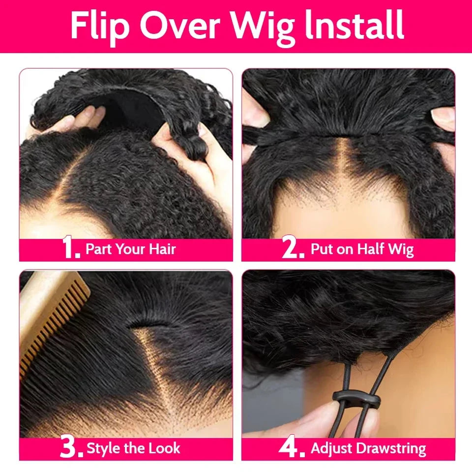 Curly Human Hair 3 IN 1 Half Wig Deep Wave Water Wave With Drawstring Flip Over Glueless Half Wigs For Women 200% Density
