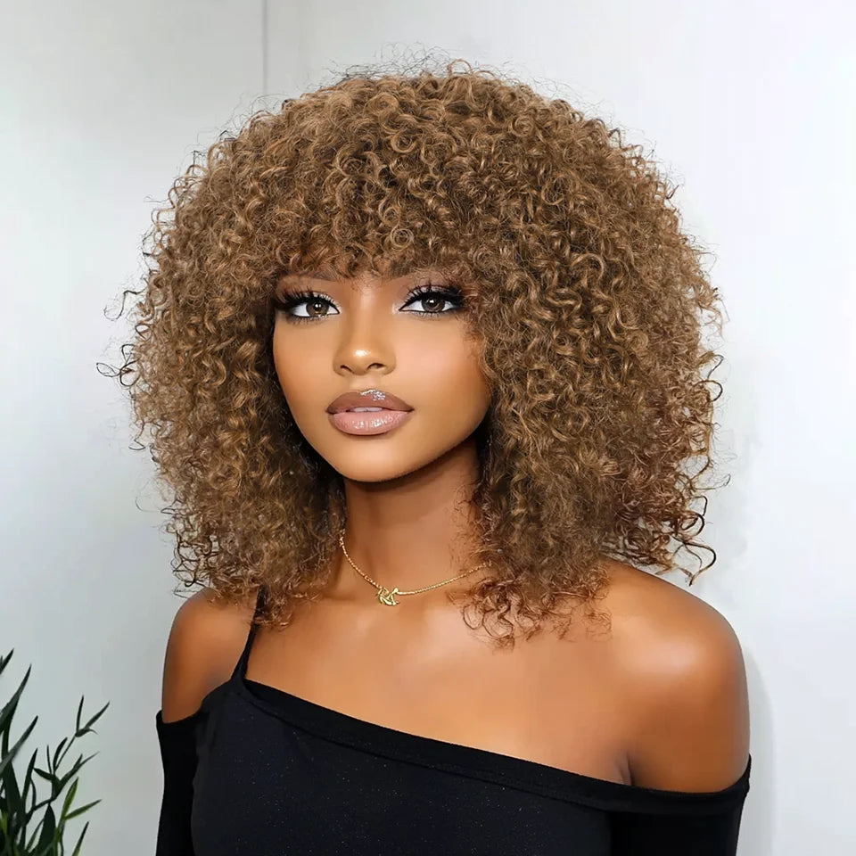 Brown Curly Bob Wigs Human Hair Wigs Afro Curly Wigs With Bangs Glueless Wear Go Jerry Curly Bob Wigs Brazilian Human Hair Wigs