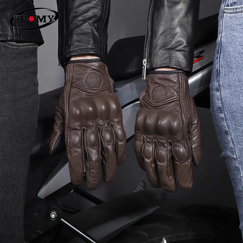 Retro Leather Motorcycle Gloves Riding Anti-fall Moto Gloves Classic Pink/Yellow/Black Leather Breathable Summer Gloves